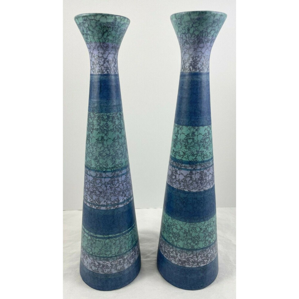 Madeline Originals Blue Stripe Vase Teal Sponge Set of 2 Vintage 12.75" Pottery
